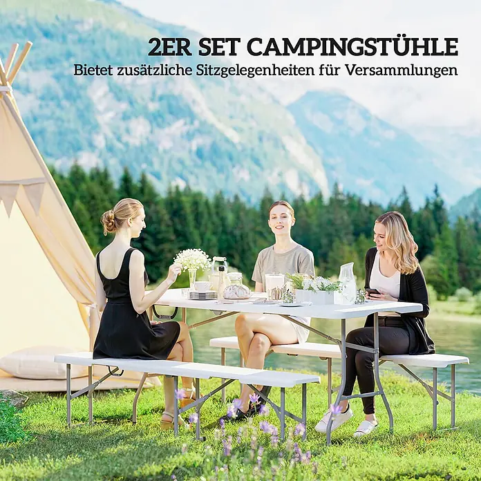 Outsunny Klappbank - 28 x 28 x 42 cm, HDPE, Metall, Weiß, Klappbar - Weißes Klapp-Campingtisch- und Bank-Set, genutzt für eine Mahlzeit im Freien.