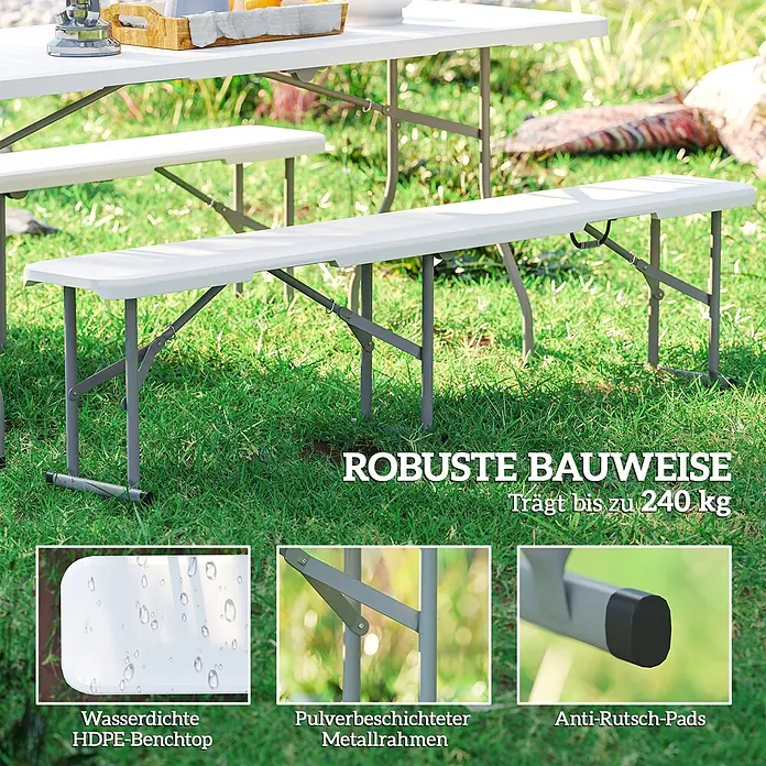 Outsunny Klappbank - 28 x 28 x 42 cm, HDPE, Metall, Weiß, Klappbar - Weiße klappbare Picknickbank und Tisch mit grauem Metallrahmen, robust gebaut, wasserdichtem HDPE und Anti-Rutsch-Pads.