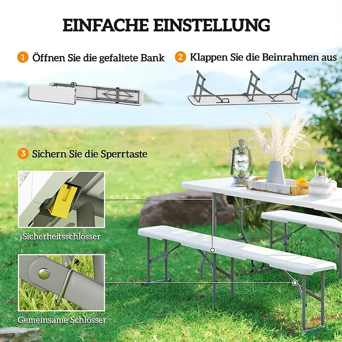 Outsunny Klappbank - 28 x 28 x 42 cm, HDPE, Metall, Weiß, Klappbar - Anleitung zur einfachen Montage weißer klappbarer Bänke und eines Tisches im Garten, mit Details zu den Sicherheitsverriegelungen.