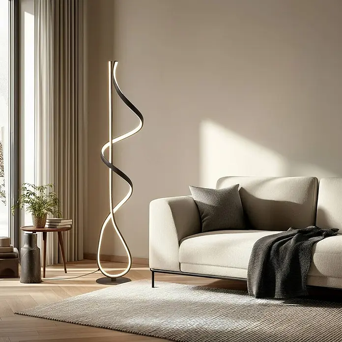 Lucande Stehleuchte Rodado - schwarz, schwarz - Moderne schwarze spiralförmige LED-Stehlampe mit integriertem Lichtstreifen.