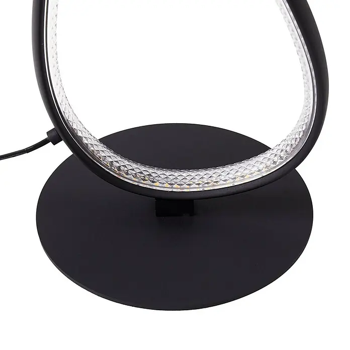Lucande Stehleuchte Rodado - schwarz, schwarz - Schwarze moderne LED-Tischlampe mit gebogenem, texturiertem Lichtband auf rundem Fuß.