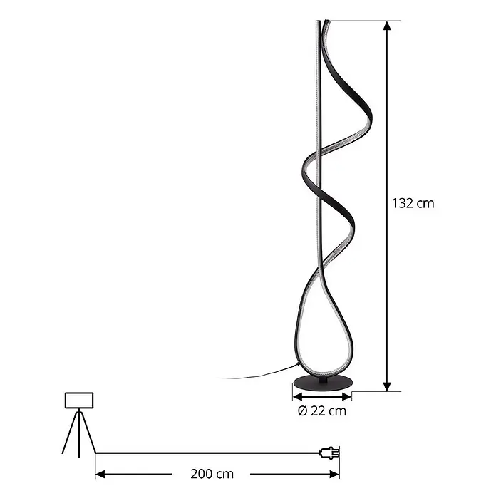 Lucande Stehleuchte Rodado - schwarz, schwarz - Schwarze LED-Stehleuchte mit gedrehtem Design und rundem Sockel. Maße: 132 cm hoch, 22 cm Durchmesser, 200 cm Netzkabel.