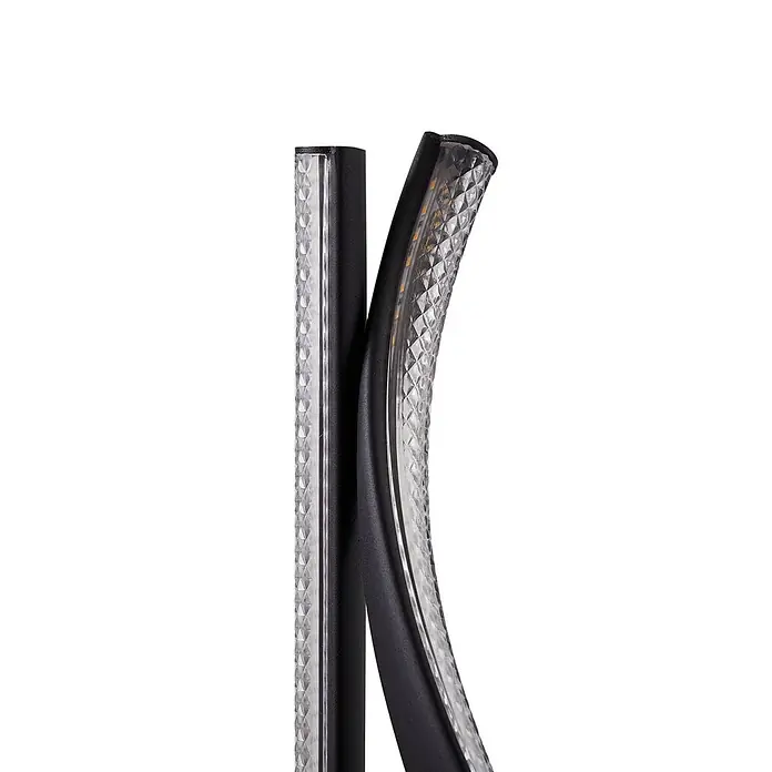 Lucande Stehleuchte Rodado - schwarz, schwarz - Zwei flexible LED-Lichtbänder, schwarze Basis, klare strukturierte Abdeckung mit kleinen gelben LEDs. Eines gerade, eines gebogen.