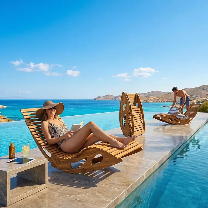 Prestige Home Living Outdoor Gartenliege - B x T: 60 x 156 cm, Braun, Holz, Klappbar - Hölzerne Schaukelliegen an einem Infinity-Pool mit Personen, die sich entspannen.