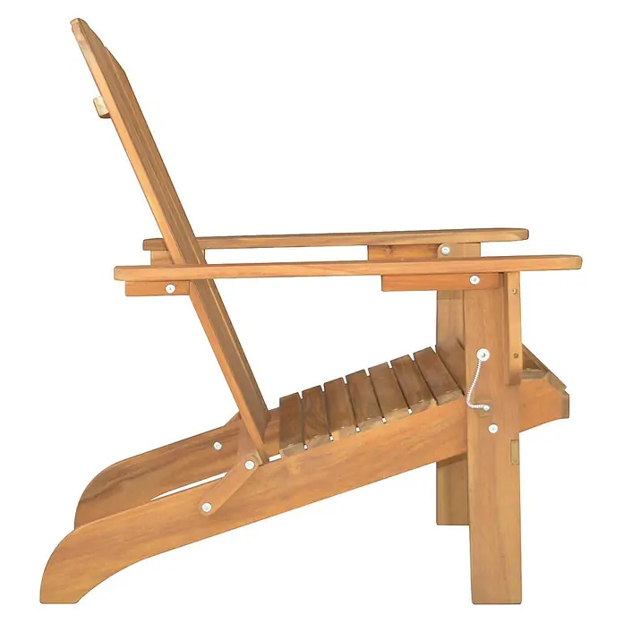 Prestige Home Living Outdoor Gartenstuhl Adirondack -  - Hellbrauner hölzerner Adirondack-Stuhl mit verstellbarer Rückenlehne, von der Seite gesehen.