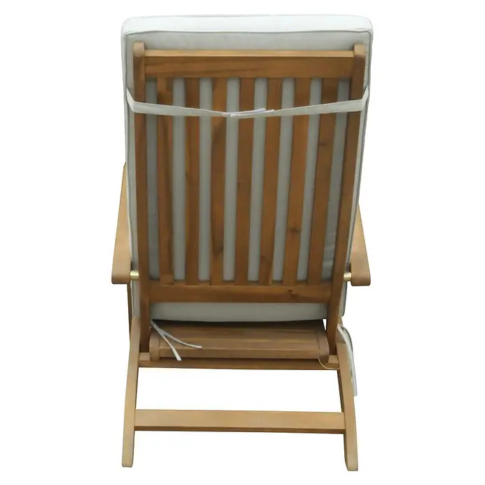 Prestige Home Living Outdoor Sonnenliege - B x T x H: 60 x 190 x 95 cm, Akazie, Braun - Holzliegestuhl mit weißem Polster, von hinten gesehen.