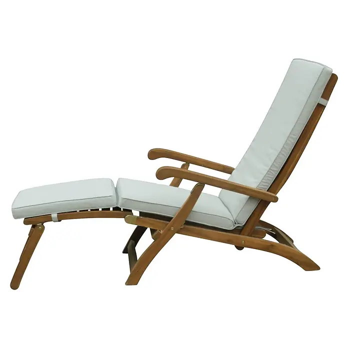 Prestige Home Living Outdoor Sonnenliege - B x T x H: 60 x 190 x 95 cm, Akazie, Braun - Hölzerner Liegestuhl mit weißen Polstern und integrierter Fußstütze.