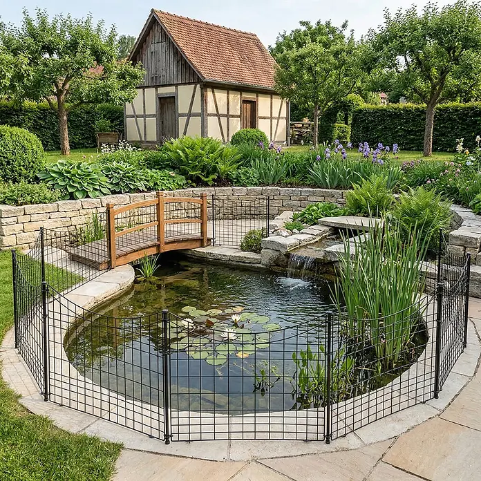 Prestige Home Living Outdoor Teichschutzzaun Set Unterbogen - B x H: 390 x 52,5 cm, Stahl, Anthrazit - Schwarzer Metall-Teichschutzzaun um einen Gartenteich mit Brücke und Wasserfall.