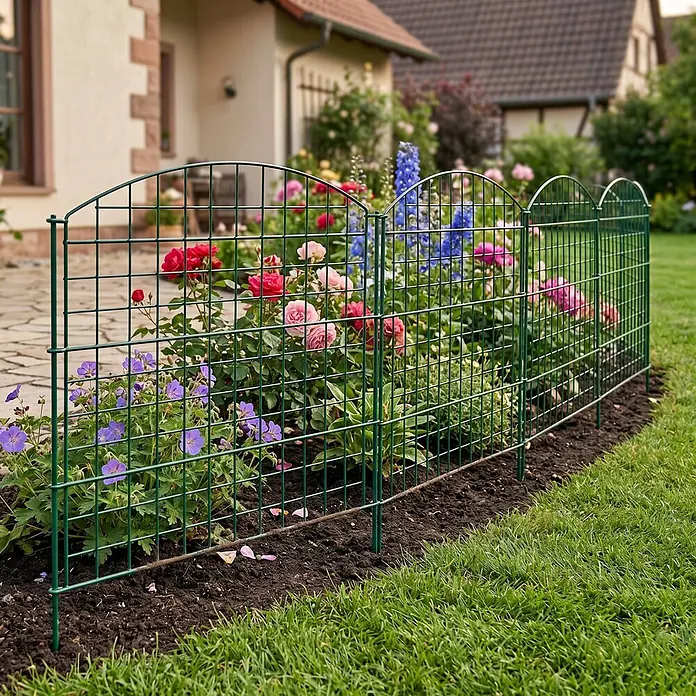 Prestige Home Living Outdoor Teichschutzzaun Set Oberbogen - B x H: 390 x 78,5 cm, Stahl, Dunkelgrün - Grüner Metallgitterzaun mit dekorativen Rundbögen, der Blumenbeet und Rasen sauber voneinander trennt.