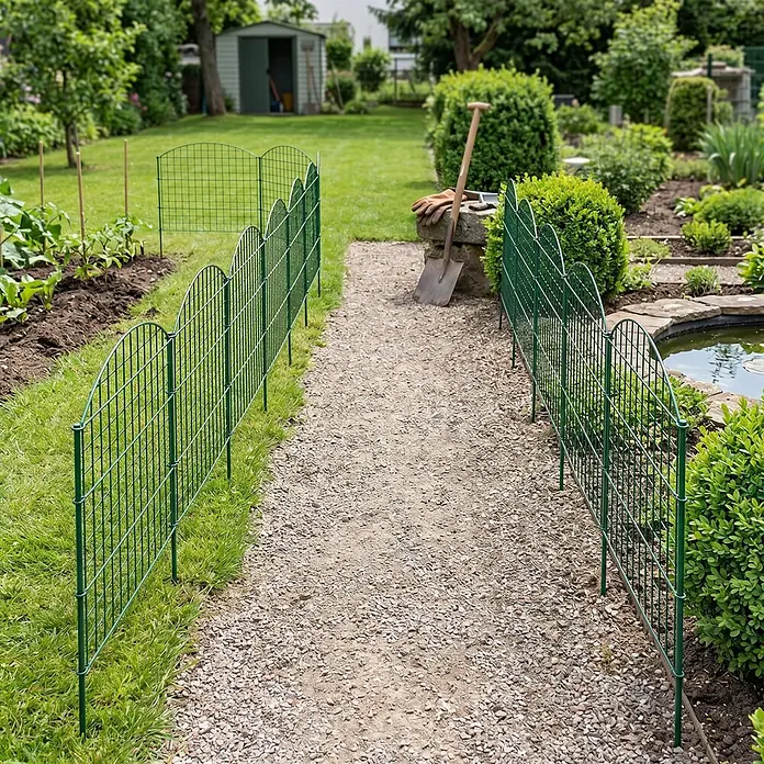 Prestige Home Living Outdoor Teichschutzzaun Set Oberbogen - B x H: 390 x 78,5 cm, Stahl, Dunkelgrün - Grüne Metall-Gartenzaunfelder säumen einen Kiesweg und trennen Pflanzbereiche ab.