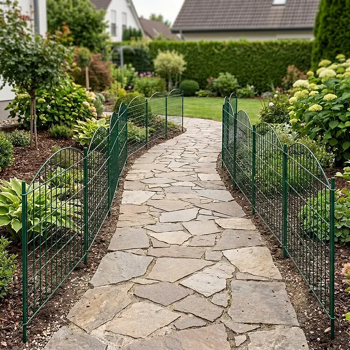 Prestige Home Living Outdoor Teichschutzzaun Set Oberbogen - B x H: 390 x 78,5 cm, Stahl, Dunkelgrün - Grüner Metallzaun mit Bogenkanten, der einen gewundenen Steinweg in einem Garten säumt.