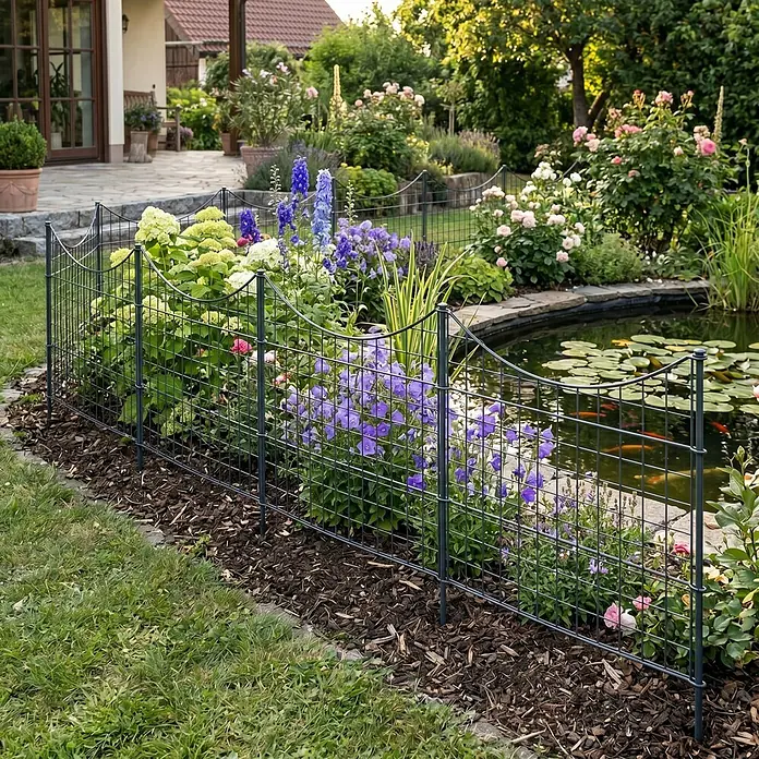 Prestige Home Living Outdoor Teichschutzzaun Set Unterbogen - B x H: 390 x 52,5 cm, Stahl, Anthrazit - Dunkelgrauer Metall-Maschendrahtzaun mit gewellter Oberkante, als Beeteinfassung neben einem Teich im Garten.