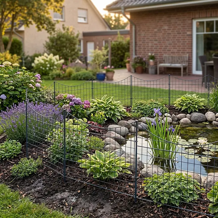 Prestige Home Living Outdoor Teichschutzzaun Set Unterbogen - B x H: 390 x 52,5 cm, Stahl, Anthrazit - Dunkelgrauer Metallgitter-Gartenzaun mit Wellenoberkante, trennt Blumenbeet und Teich vom Rasen im Garten.