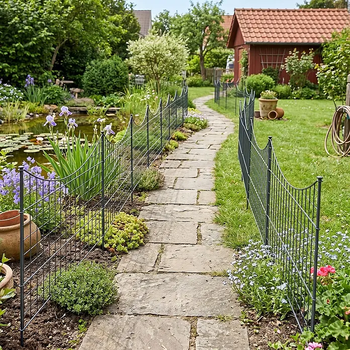 Prestige Home Living Outdoor Teichschutzzaun Set Unterbogen - B x H: 390 x 52,5 cm, Stahl, Anthrazit - Dunkelgrauer Metall-Gartenzaun säumt einen Steinweg neben einem Teich und Blumenbeeten, mit dekorativer Wellenform.