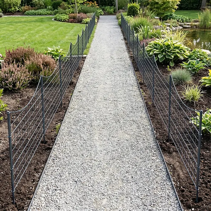 Prestige Home Living Outdoor Teichschutzzaun Set Unterbogen - B x H: 390 x 52,5 cm, Stahl, Anthrazit - Dunkelgraue Metall-Gartenzäune mit gewelltem Rand begrenzen einen Kiesweg in einem üppigen Garten.