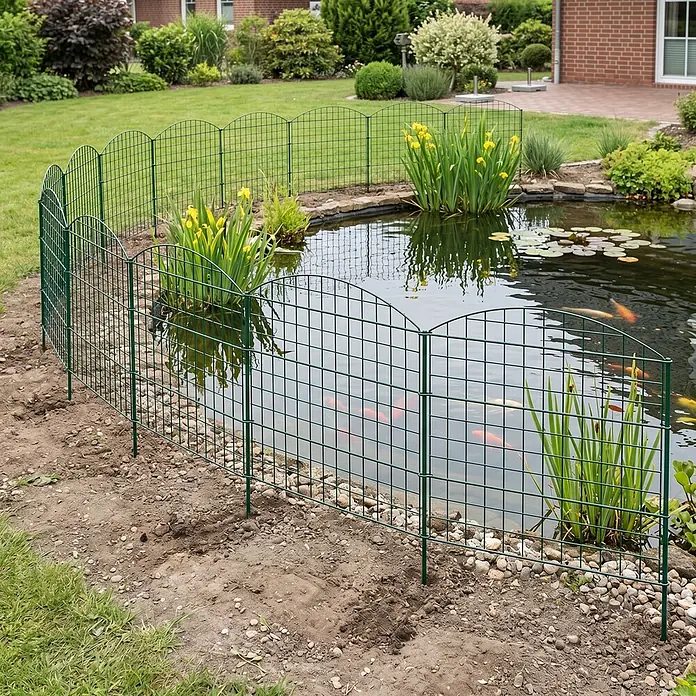 Prestige Home Living Outdoor Teichschutzzaun Set Oberbogen - B x H: 390 x 78,5 cm, Stahl, Dunkelgrün - Grüner Metallgitterzaun mit Rundbögen, sichert einen Gartenteich mit Fischen und Seerosen.