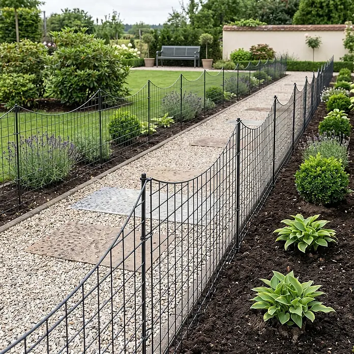Prestige Home Living Outdoor Teichschutzzaun Set Unterbogen - B x H: 390 x 52,5 cm, Stahl, Anthrazit - Schwarzer Metall-Beetzaun mit gewellter Oberkante, der einen Kiesgartenweg säumt.