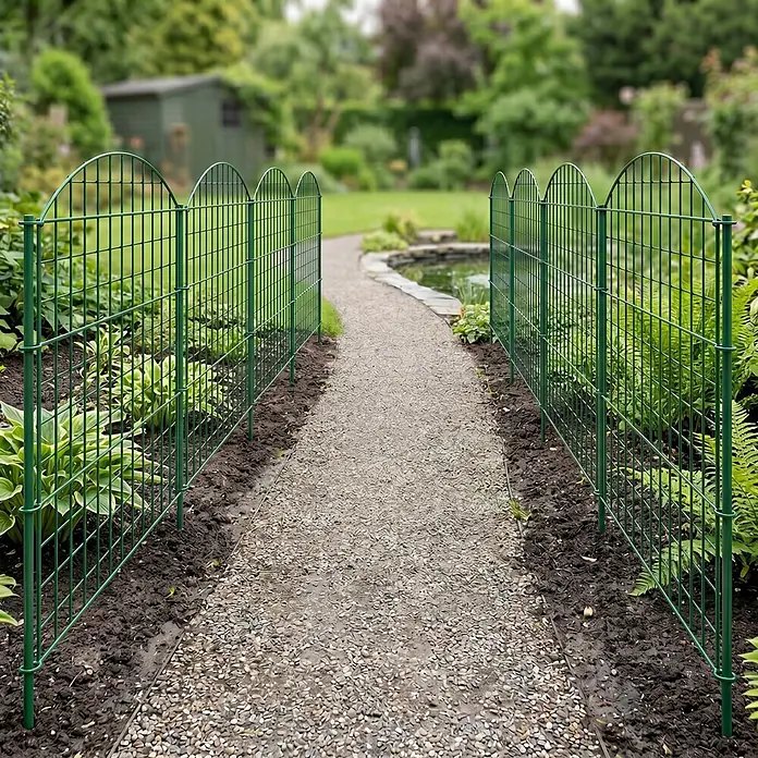 Prestige Home Living Outdoor Teichschutzzaun Set Oberbogen - B x H: 390 x 78,5 cm, Stahl, Dunkelgrün - Grüne Metall-Gartenzaunfelder mit Bogenoberteilen säumen einen Kiesweg und grenzen Gartenbeete ab.