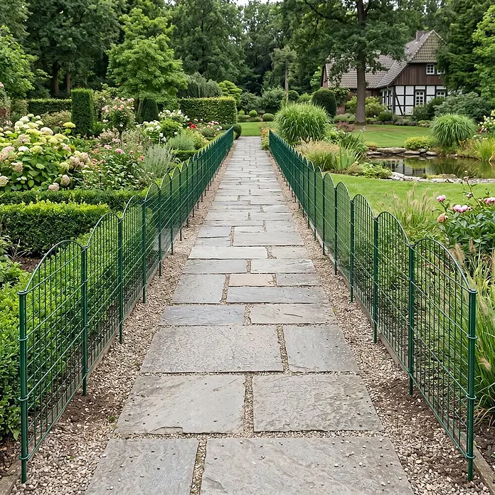 Prestige Home Living Outdoor Teichschutzzaun Set Oberbogen - B x H: 390 x 78,5 cm, Stahl, Dunkelgrün - Grüne Metall-Gartenzaunfelder säumen einen Steinweg und bilden eine dekorative Abgrenzung im Garten.