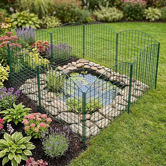 Prestige Home Living Outdoor Teichschutzzaun Set Oberbogen - B x H: 390 x 78,5 cm, Stahl, Dunkelgrün - Grüner Drahtzaun umgibt schützend einen Teich und ein Pflanzenbeet im Garten.