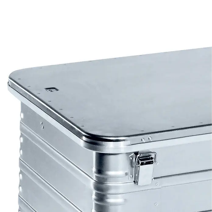 Zarges Aufbewahrungskiste Deckel anscharniert mit Gurtband und 2 Klappverschlüssen zu 40631 -  - Silberne Aluminium-Aufbewahrungsbox mit Verschluss, zeigt ihr robustes Design.