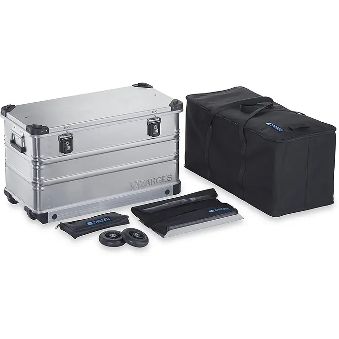 Zarges Aufbewahrungskiste K 424 XC Mobil Box Vollausstattungspaket 2 -  - Silberner Aluminium-Staubox auf Rollen, mit schwarzer Tragetasche und kleinem Zubehör für mobilen Transport.