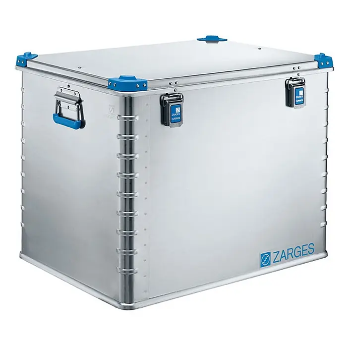 Zarges Aufbewahrungskiste Eurobox Volumen 239l Innenmaß 750x550x580mm -  - Silberne Aluminium-Staubox mit blauen Griffen, Verschlüssen und Eckenschützern für sicheren Transport und Lagerung.