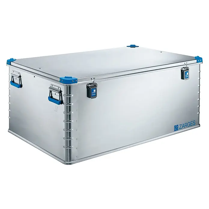Zarges Aufbewahrungskiste Alubox - L x B x H: 120 cm x 80 cm x 0,51 m - Silberne Aluminium-Staubox mit blauen Griffen und Eckschützern, ausgestattet mit ZARGES EUROBOX Verschlüssen.