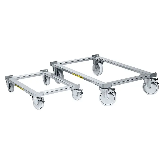 Zarges Aufbewahrungsbox-Set Untersetzwagen W 154 1200x800mm -  - Zwei silberfarbene quadratische Transportroller mit Rollen und Traglast-Etiketten.