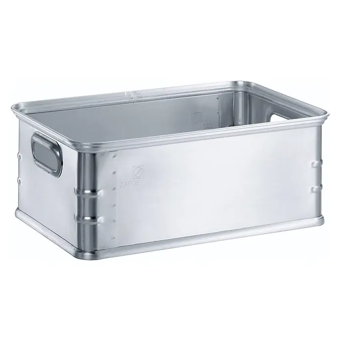 Zarges Aufbewahrungskiste Alu-Kasten K270 580x380x225mm 37l Volumen -  - Silberfarbene rechteckige Aluminium-Lager- oder Transportbox mit integrierten Griffen.