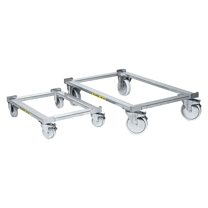 Zarges Aufbewahrungsbox-Set Untersetzwagen W 154 1200x800mm -  - Zwei silberne quadratische Transportroller aus Metall mit weißen Rädern, einer kleiner (300 kg), einer größer (600 kg).