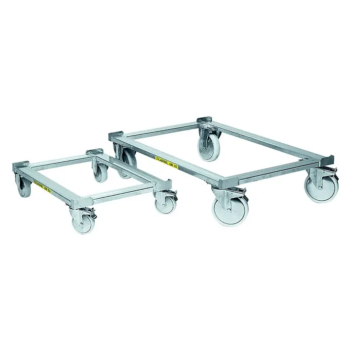 Zarges Aufbewahrungsbox-Set Untersetzwagen W 154 800x600mm -  - Zwei silberne quadratische Transportroller aus Metall mit Lenkrollen, einer für 300 kg, der andere für 600 kg Zuladung.