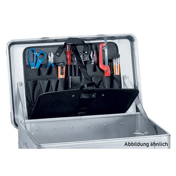 Zarges Aufbewahrungsbox-Set Werkzeugtasche für Alubox selbstklebend -  - Offener silberner Aluminium-Werkzeugkoffer mit schwarzem Textileinsatz im Deckel, bestückt mit verschiedenen Handwerkzeugen.