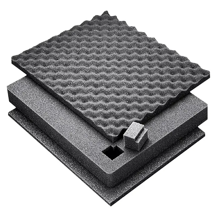 Zarges Aufbewahrungsbox-Set Würfelschaumset 910x350x380mm -  - Graue geschichtete Schutzschaumstoffeinlagen: Noppen-, Flach- und Würfelschaum mit entnommenem Teil und kleinen Würfeln.
