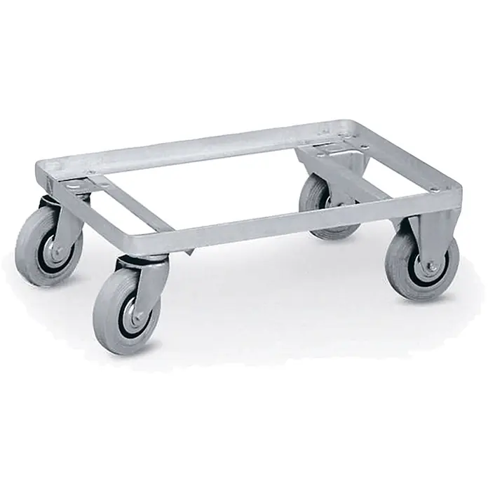Zarges Aufbewahrungsbox-Set Untersetzwagen -  - Silberner Metallrollwagen mit vier grauen Rollen zum Transportieren von Gegenständen.