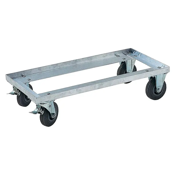 Munk Aufbewahrungsbox Untersetzwagen für Aluminium-Transportkiste 11138 -  - Rechteckiger Transportroller aus verzinktem Metall mit vier schwarzen Rollen, zwei davon mit Bremsen.