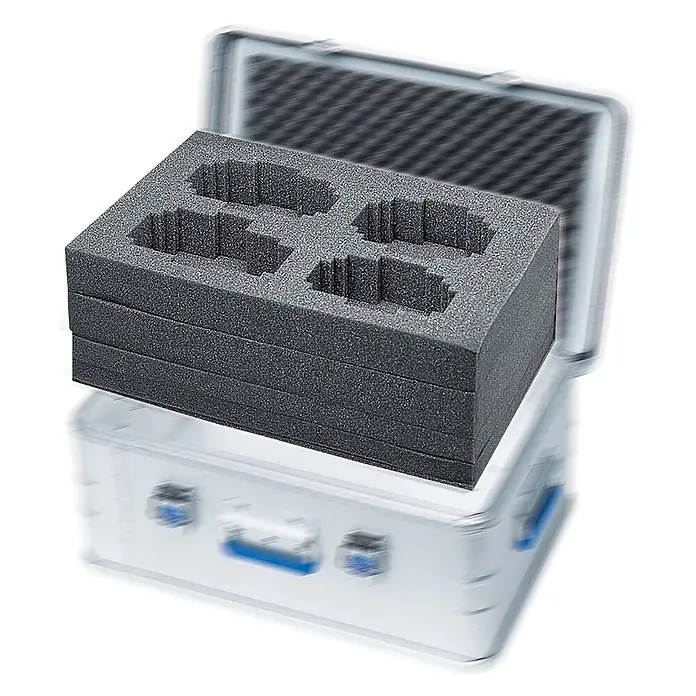 Zarges Aufbewahrungsbox-Set Würfelschaum 1150x250x220 mm -  - Stapel aus vier grauen Schaumstoffeinlagen mit Aussparungen, für einen Schutzkoffer.