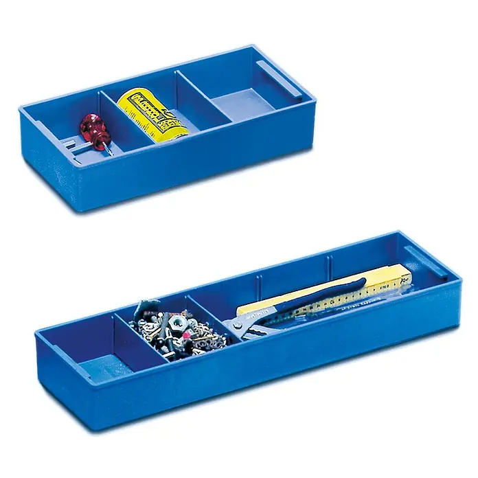 Munk Aufbewahrungsbox Schloss-Set, gleich schließend für Aluboxen -  - Blaue Kunststoff-Schubladeneinsätze mit Fächern zur Organisation von Kleinteilen und Werkzeugen.