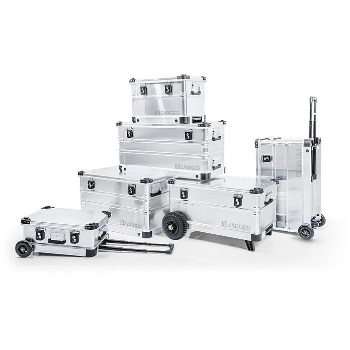 Zarges Aufbewahrungsbox K 424 XC Mobil Universal Alu Box 28l -  - Sammlung von ZARGES Aluminium-Stauboxen in verschiedenen Größen, teils mit Rollen oder Griffen.
