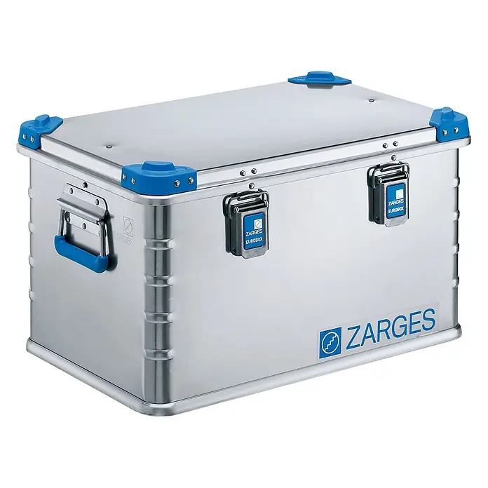 Zarges Aufbewahrungsbox Eurobox Volumen 60l Innenmaß 550x350x310mm -  - Robuste silberne Aluminium-Staubox mit blauen Griffen, Eckschützern und Verschlüssen.