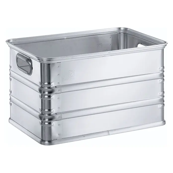 Zarges Aufbewahrungsbox Alu-Kasten K270 580x380x325mm 55l Volumen -  - Silberne Aluminium-Stapelbox mit Griffen und gerippten Seiten.