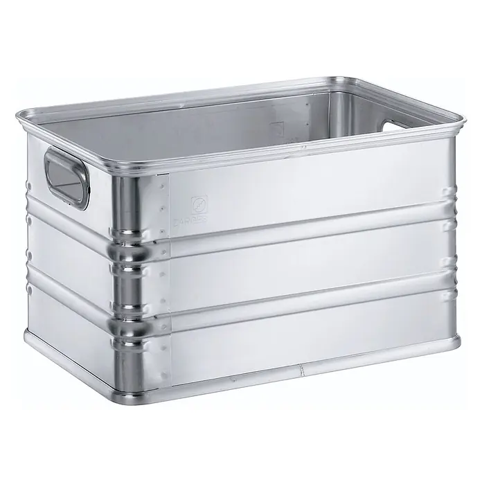 Zarges Aufbewahrungsbox Alu-Kasten K270 580x380x325mm 55l Volumen -  - Rechteckiger Aluminium-Lagerbehälter in Silber mit gerippten Seiten und integrierten Griffen.