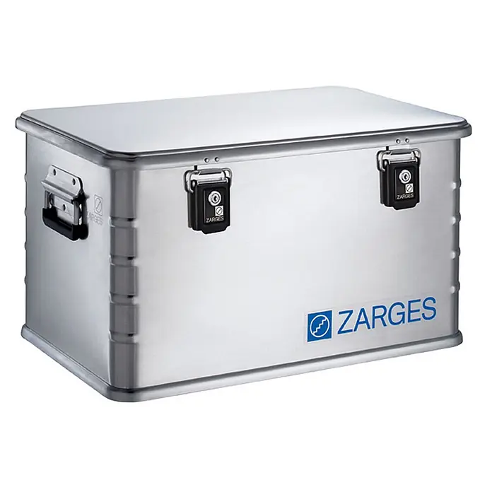 Zarges Aufbewahrungsbox Alubox -  - Silberne Aluminium-Transportbox mit schwarzen Verschlüssen und Griffen, mit Zarges-Logo.