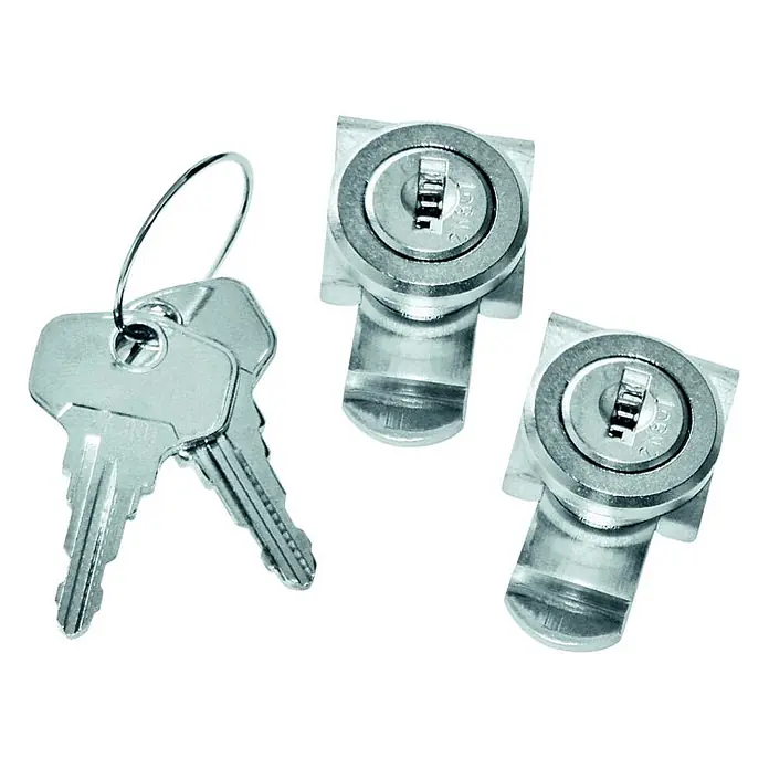 Zarges Aufbewahrungsbox Schloss-Set Comfort in Baureihe gleich schließend -  - Drei silberfarbene Metall-Hebelschlösser und zwei passende Schlüssel am Schlüsselring.