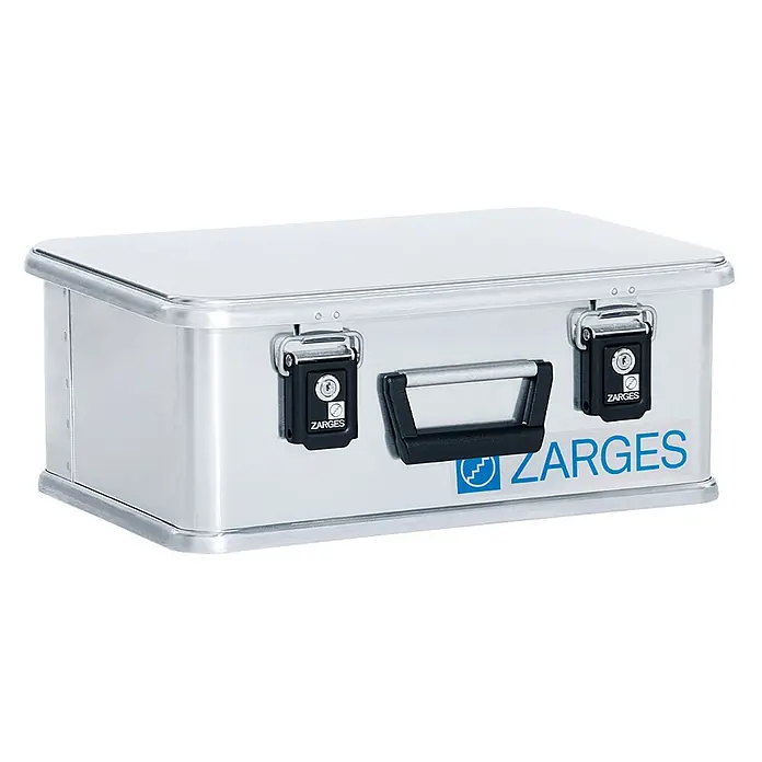 Zarges Aufbewahrungsbox Alu-Box Mini XS 450x290x180mm 24l -  - Silberne Aluminium-Staubox mit zwei schwarzen Schlüsselschlössern und einem schwarzen Griff, mit blauem "ZARGES"-Logo.