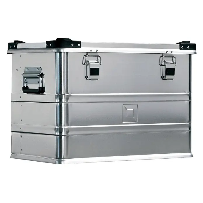 Munk Aufbewahrungsbox Aluminium-Transportkiste stapelbar 592x385x409mm 76l - Aluminium - Silberne Aluminium-Staubox mit schwarzen Eckschützern, seitlichen Griffen und zwei vorderen Verschlüssen.