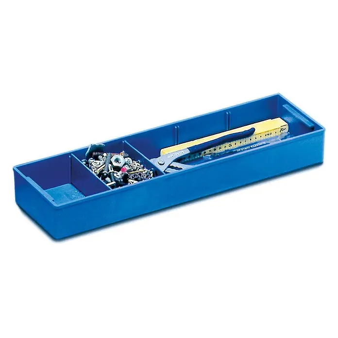 Zarges Aufbewahrungsbox Kunststoffeinsatz 515x155x60mm - Aluminium - Blauer Kunststoff-Schubladeneinsatz mit Fächern für Kleinteile, Zange und Gliedermaßstab.
