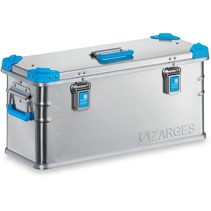 Zarges Aufbewahrungsbox Eurobox 690x280x310mm -  - Silberne ZARGES Aluminium-Aufbewahrungsbox mit blauen Ecken, Griffen und Verschlüssen.