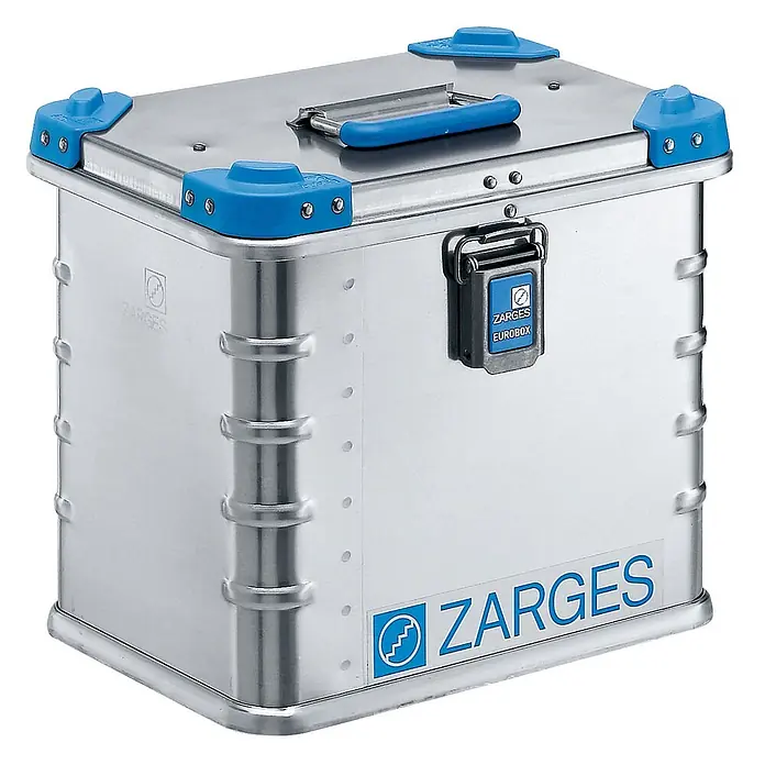 Zarges Aufbewahrungsbox Eurobox Volumen 27l Innenmaß 350x250x310mm -  - Silberne ZARGES Aluminiumbox mit blauen Eckschützern, Griff und Verschluss. Robuster Transportbehälter.