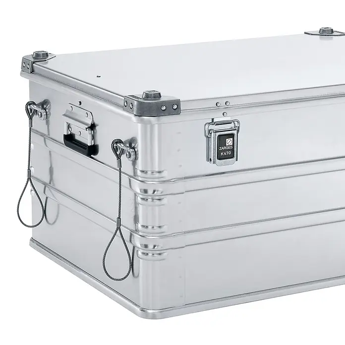 Zarges Aufbewahrungsbox Hebeschlinge aus rostfreiem Edelstahldrahtseil 40746 -  - Robuste silberne Aluminium-Staubox mit Griffen, Verschlüssen, Eckenschutz und Sicherungsseilen.